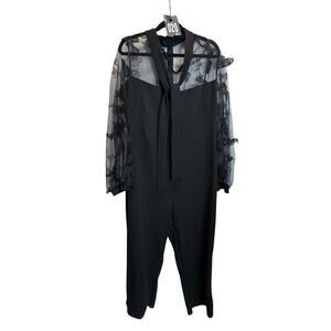 Black Butterfly Mesh Sleeve Jumpsuit Mock Neck Tie Front Tapered Leg Plus Size